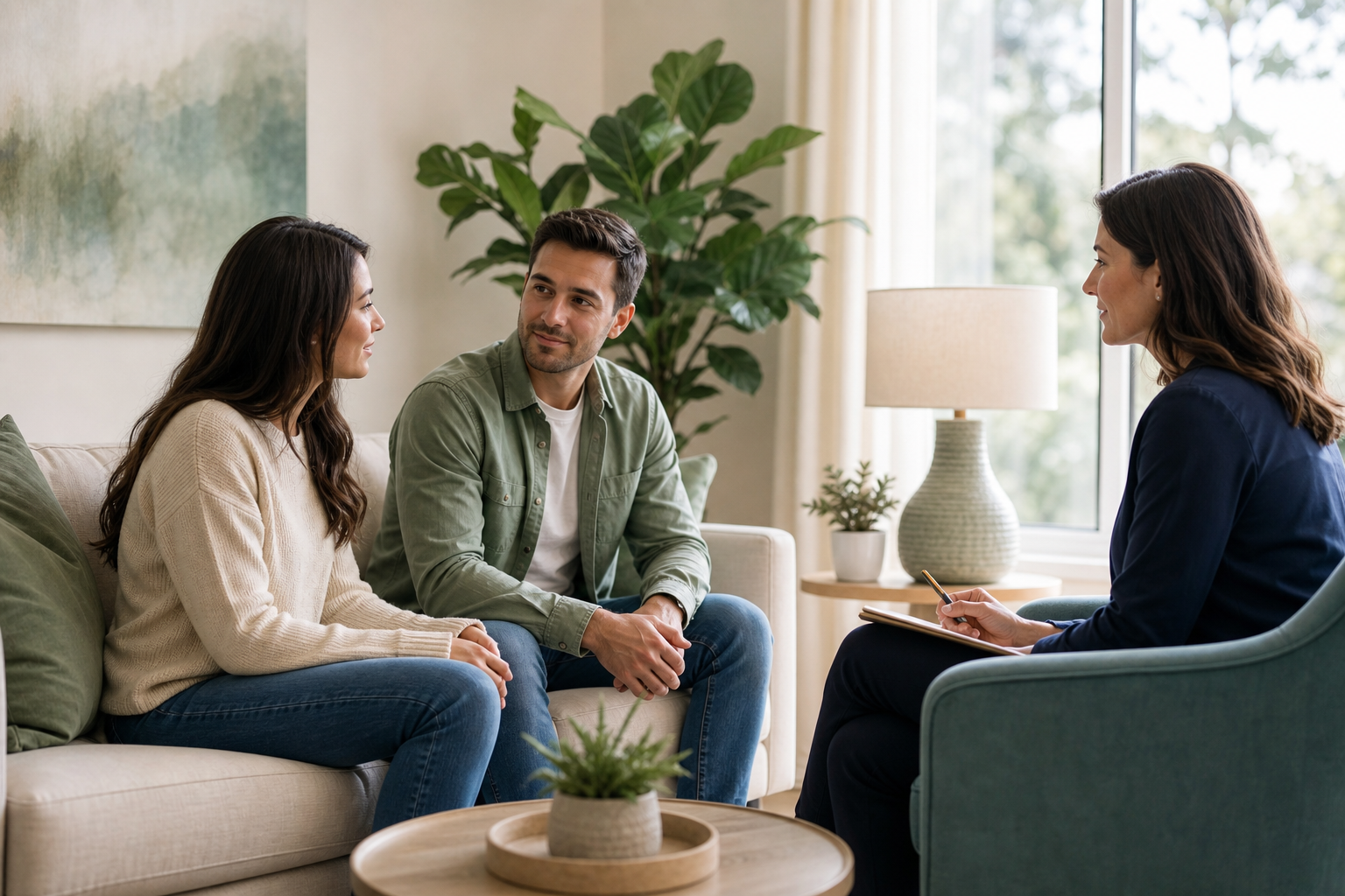 Two adults in a calm counseling setting